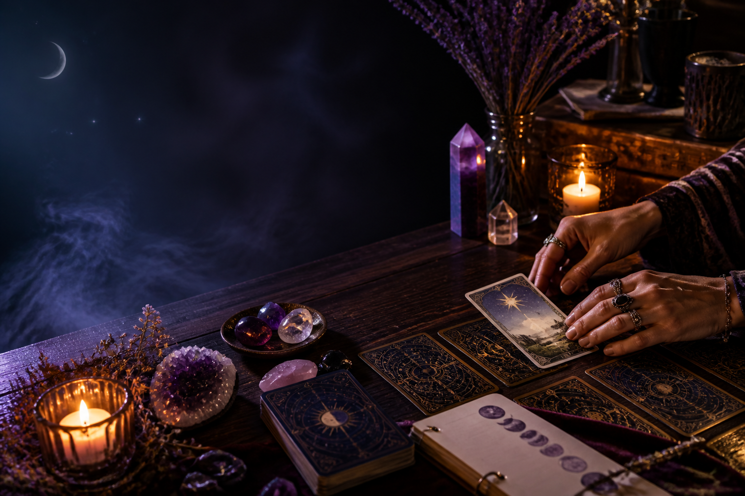 Tarot cards, crystals, and moon journal arranged for a mystical consultation
