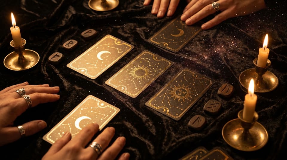 Candlelit Tarot and rune reading spread on black velvet with celestial gold cards and carved runes
