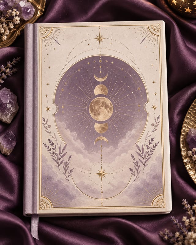 Lavender manifestation planner with moon phases and gold celestial details on plum silk