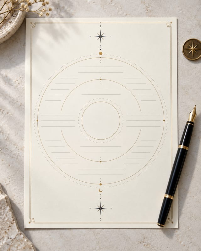 Ivory question clarity worksheet with celestial writing prompts and black fountain pen
