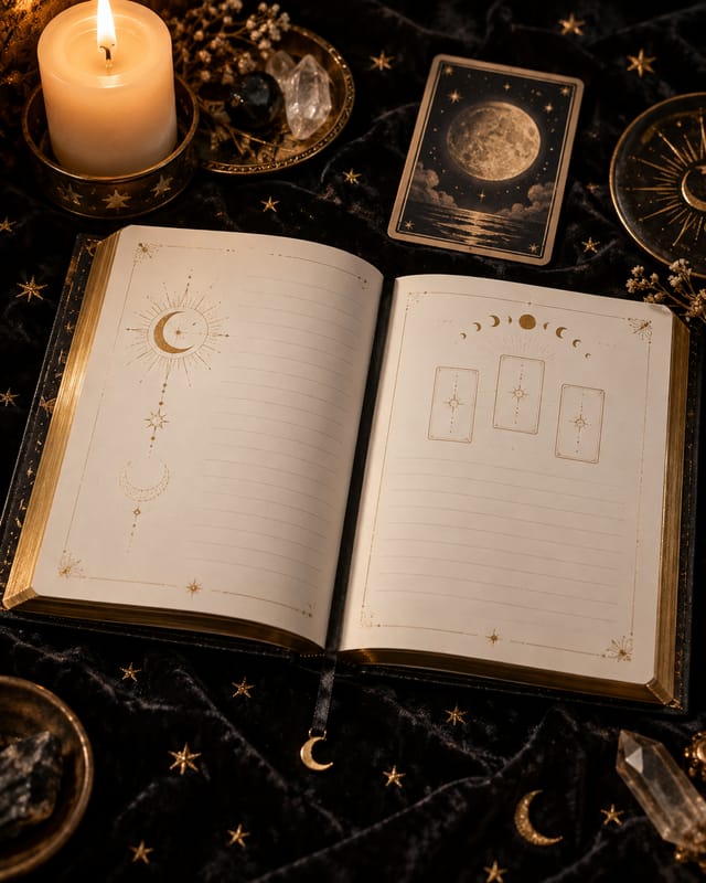 Open Tarot reflection journal with moon card layout on black velvet under candlelight