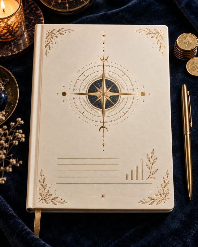 Ivory financial planning journal with a celestial gold compass on midnight-blue velvet
